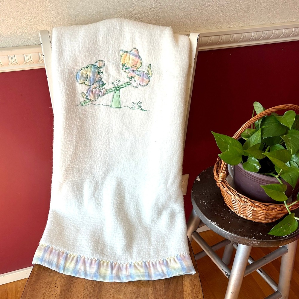 Vintage Quiltex Baby Blanket Pastel Plaid Puppy Kitten Seesaw White Union USA